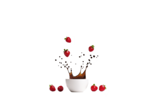 A white bowl with splash of liquid and strawberries creates dynamic scene. strawberries appear to be in motion, adding sense of freshness and energy to composition png