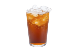 A refreshing glass of iced tea filled with ice cubes, showcasing bubbly and chilled appearance, perfect for hot day. amber color and effervescence add to its appeal png