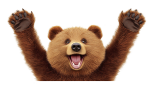 A joyful cartoon bear with raised paws and wide smile, expressing excitement and happiness. bear fluffy brown fur and playful demeanor create cheerful and friendly atmosphere png