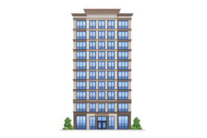 A modern high rise building with symmetrical facade features multiple floors and large blue tinted windows. structure is flanked by small green shrubs, adding touch of nature png