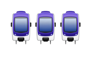 A Three modern blue and white train icons are displayed, each with sleek design and large windows, symbolizing transportation and travel. icons are isolated on transparency background png