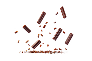 A Chocolate sticks and pieces are artistically scattered against transparency background, creating dynamic and appetizing visual. rich brown tones and varied shapes add depth and texture to png