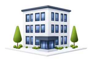 A modern, three story office building with large windows and sleek design is surrounded by neatly trimmed bushes and trees, creating professional and inviting atmosphere png
