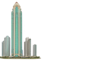 A tall, modern skyscraper with sleek design stands prominently against clear sky, surrounded by smaller buildings. structure features combination of glass and steel, reflecting contemporary png