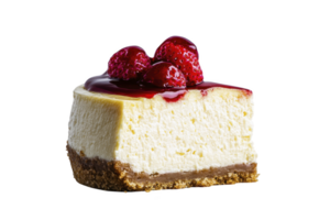 A delicious slice of creamy cheesecake topped with vibrant strawberries and glossy strawberry sauce, set on crumbly graham cracker crust png