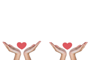 A Two hands are gently cupping red heart symbol, conveying sense of care and love. image emphasizes themes of compassion, support, and kindness, with focus on human connection png