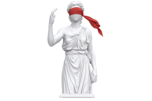 A classical statue of woman draped in flowing robes stands with red blindfold covering her eyes, symbolizing impartiality and justice. statue elegant pose conveys sense of grace and authority png
