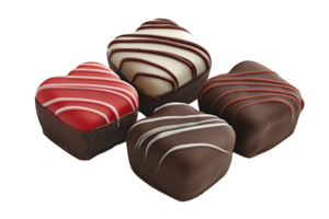 An Assorted heart shaped chocolates with colorful icing drizzles create delightful and tempting treat. variety of colors and patterns adds playful touch to these sweet confections png