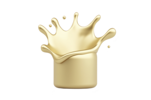 A golden splash crown emerges from smooth, cylindrical base, creating dynamic and luxurious visual. metallic sheen and fluid form evoke elegance and motion png