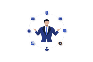 A business professional in suit is surrounded by icons representing various business concepts, including graphs, charts, and clock, symbolizing management and strategy png