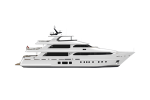 A luxurious white yacht with multiple decks is shown in side view, highlighting its sleek design and modern features. yacht is equipped with various amenities for comfort and leisure png