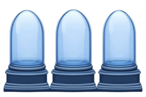 A Three transparent blue glass domes are displayed on dark blue bases, creating futuristic and elegant appearance. smooth, glossy surfaces reflect light, adding sense of sophistication png