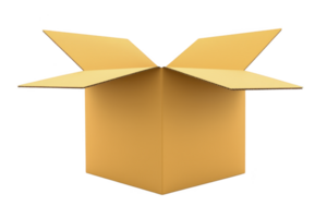 An open cardboard box with flaps extended, showcasing its spacious interior. box is made of brown corrugated material, commonly used for shipping and storage png
