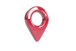 A shiny red 3D map pin icon with circular hole in center, symbolizing location or navigation, isolated on transparency background png