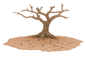 A solitary, barren tree stands on cracked, dry earth, symbolizing drought and environmental challenges. scene evokes sense of desolation and impact of climate change png