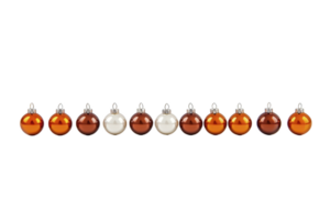 A row of shiny Christmas ornaments in various shades of orange, brown, and white creates festive and elegant display. reflective surfaces add touch of sparkle png