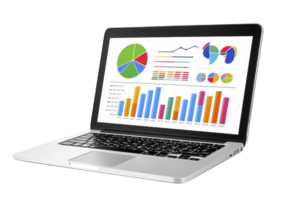 A laptop displaying colorful charts and graphs its screen, including pie charts, bar graphs, and line graphs, represents data analysis and business analytics. image conveys sense of technology png