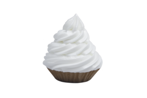 A delicious cupcake with swirl of creamy white frosting sits atop brown paper liner, creating tempting treat. smooth, fluffy icing is artfully piped, adding touch of elegance png