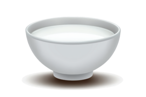 A white ceramic bowl filled with milk is placed on plain background, casting soft shadow. simplicity and elegance of bowl highlight purity and freshness of milk png