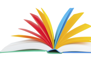 An open book with colorful pages fanned out, showcasing vibrant red, yellow, and blue hues, creating dynamic and artistic display. book spine is visible, adding structure to composition png