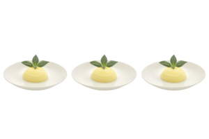 A Three elegant plates each hold beautifully arranged swirl of butter topped with fresh basil leaves, creating visually appealing and sophisticated presentation png