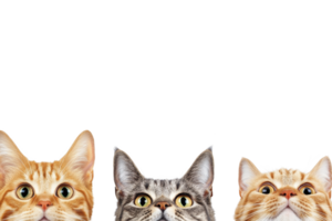 A Three curious cats with wide eyes peek over edge, showcasing their playful and inquisitive nature. image features two orange tabby cats and one gray tabby cat against plain background png