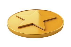 A shiny gold coin featuring prominent star design on its surface, symbolizing achievement or reward. coin metallic sheen and smooth edges give it polished, prestigious appearance png