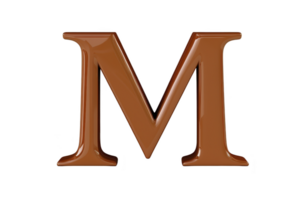 A shiny, brown letter M with glossy finish stands out against plain background, creating bold and elegant visual png
