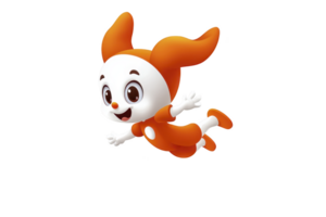 A cheerful cartoon character with large orange ears and matching outfit is joyfully flying through air, showcasing playful and adventurous spirit png