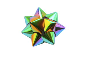 A shiny, iridescent gift bow with star shape, reflecting vibrant colors, perfect for adding festive touch to presents. metallic finish creates playful and eye catching effect png