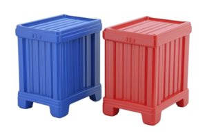 A Two colorful plastic storage bins, one blue and one red, stand side by side, showcasing their sturdy design and ribbed texture. These versatile containers are ideal for organizing spaces png