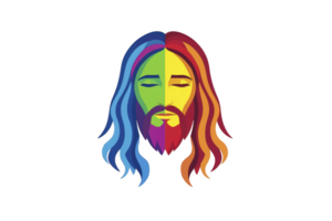 A colorful, abstract illustration of serene face with long hair, divided into vibrant sections of blue, green, yellow, and red, creating harmonious and artistic expression png
