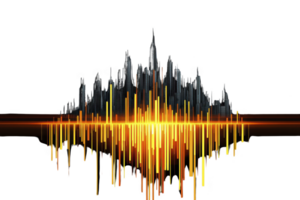 A futuristic city skyline is creatively depicted with soundwave elements, blending urban architecture with vibrant audio waveforms in shades of orange and yellow, evoking sense of dynamic energy png