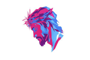 A vibrant, abstract illustration of solemn figure with crown of thorns, using bold pink and blue geometric shapes to create striking visual effect png