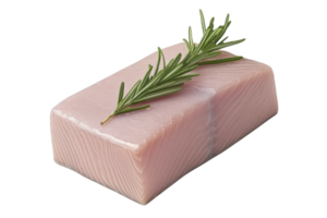 A fresh, raw tuna steak is garnished with sprig of rosemary, showcasing its smooth texture and pink hue. image highlights simplicity and elegance of seafood png