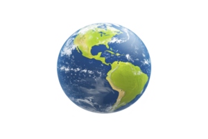 A This shows realistic depiction of Earth from space, highlighting continents of North and South America with visible cloud formations over oceans. vibrant blue of oceans contrasts with green png
