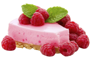A delicious slice of raspberry cheesecake topped with fresh raspberries and mint leaves, set on crumbly biscuit base, creating vibrant and appetizing dessert png