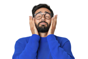 A man with beard and glasses wearing blue sweater is holding his face with both hands, expressing thoughtful or stressed emotion. background is plain, emphasizing his expression png