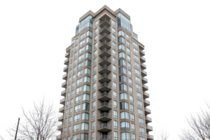 A modern high rise apartment building with numerous balconies and large windows stands tall against clear sky, surrounded by frosty trees png