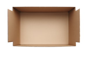 An open, empty cardboard box viewed from above, showcasing its corrugated texture and brown color, ideal for packaging or storage purposes png