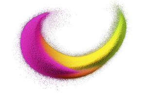 A vibrant swirl of colorful particles creates dynamic and energetic abstract design, featuring bright pink, yellow, and green hues on transparency background png