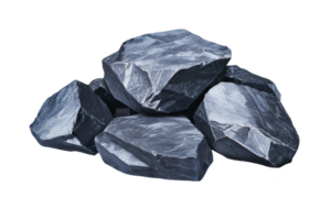 A pile of smooth, dark gray rocks with sharp edges and metallic sheen, often used in construction or landscaping, isolated on transparency background png