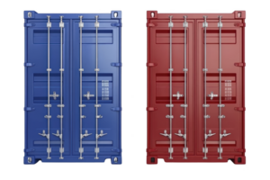 A Two shipping containers, one blue and one red, stand side by side, showcasing their sturdy metal construction and secure locking mechanisms. These containers are commonly used for transporting png