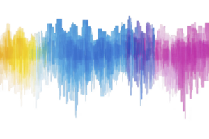 A vibrant abstract digital artwork features gradient of colors transitioning from yellow to blue to pink, creating dynamic and energetic visual effect. vertical lines add sense of movement png