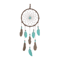 dreamcatcher with circular web design, adorned with turquoise beads and feathers, hangs gracefully. feathers are mix of turquoise and brown, adding touch of elegance and cultural significance png