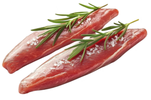 A Two raw beef steaks garnished with rosemary and sprinkled with salt, isolated on transparency background. fresh, marbled meat is ready for cooking, offering savory and aromatic experience png