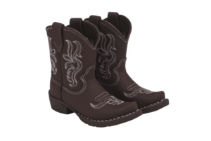 A pair of stylish brown cowboy boots with intricate white stitching, showcasing classic Western design. boots have low heel and rounded toe, perfect for both fashion and function png