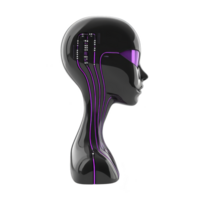 sleek, futuristic mannequin head with glossy black finish features purple circuit like patterns and visor, symbolizing advanced technology and artificial intelligence png