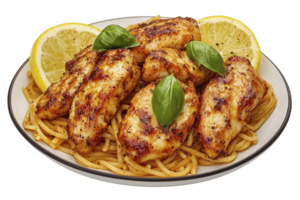 A Grilled chicken breast on bed of spaghetti garnished with fresh basil and lemon slices, creating vibrant and appetizing dish png
