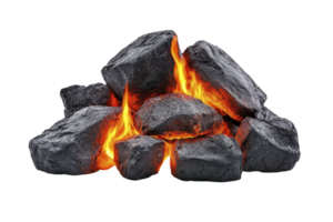 A pile of black coal rocks with bright orange flames burning intensely, creating warm and energetic atmosphere. fiery glow contrasts with dark, rugged texture of coal png